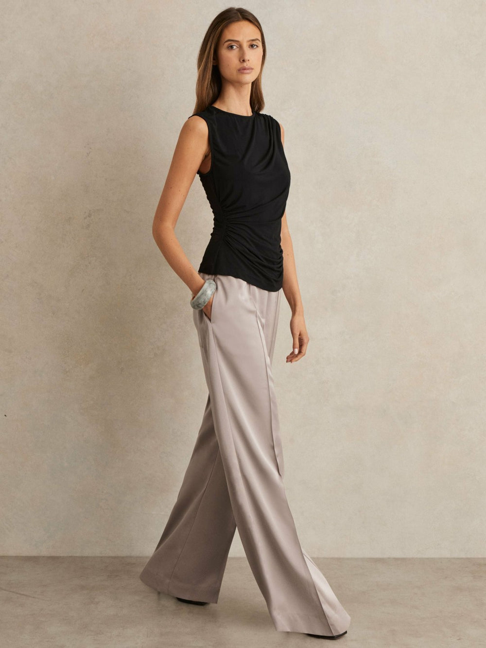 Women Petite Satin Wide Leg Elastic Waist Trousers in Grey