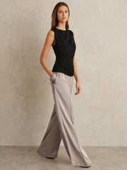 Women Petite Satin Wide Leg Elastic Waist Trousers in Grey