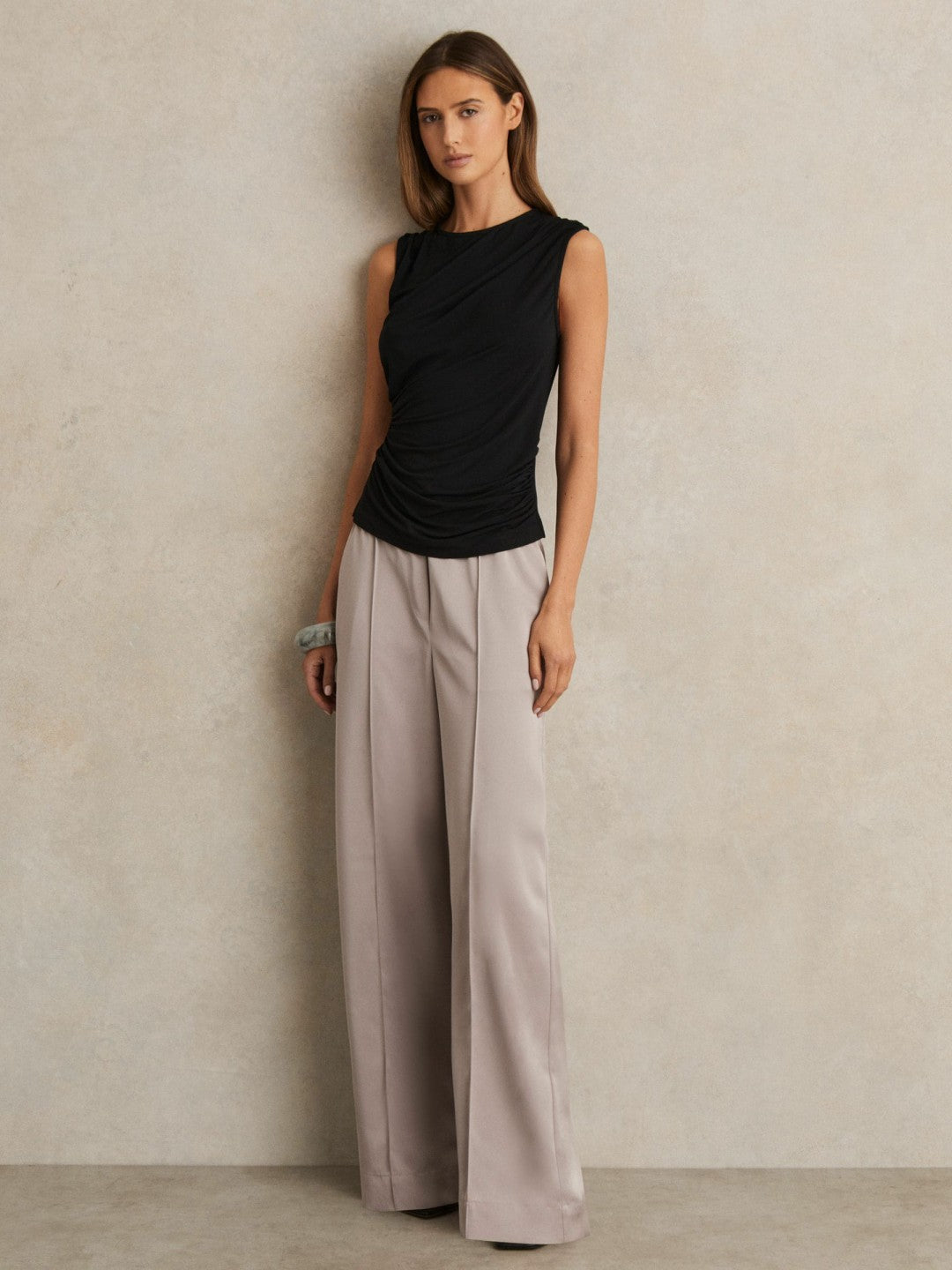 Women Satin Wide Leg Elastic Waist Trousers in Grey