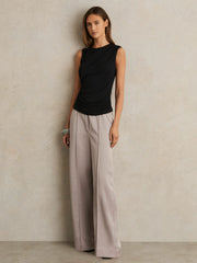 Women Satin Wide Leg Elastic Waist Trousers in Grey