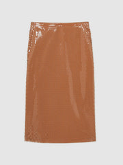 Women Atelier Laser-Cut Pencil Skirt in Tan