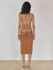 Women Atelier Laser-Cut Pencil Skirt in Tan