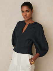 Women Linen Balloon-Sleeve Top in Navy