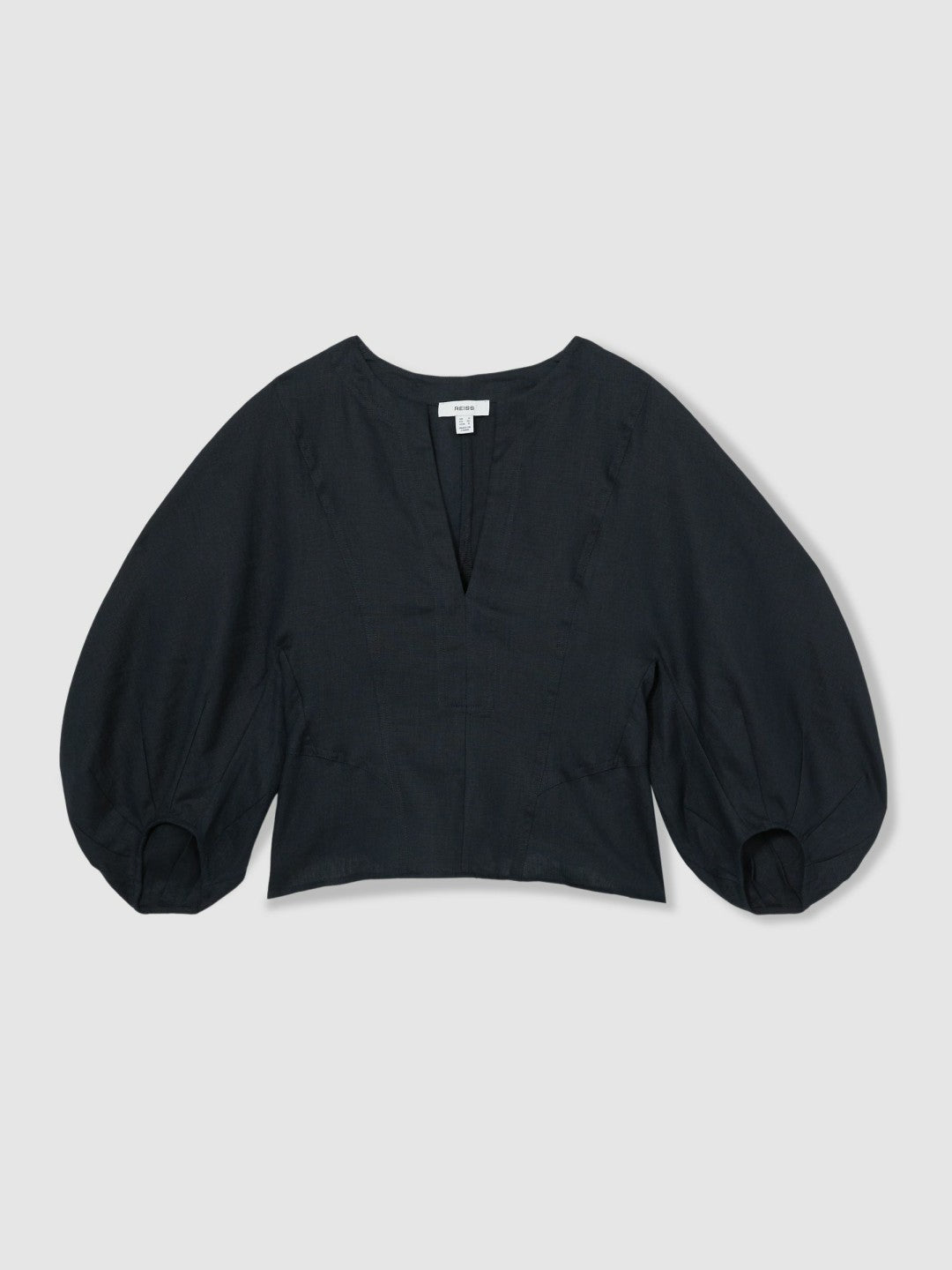 Women Linen Balloon-Sleeve Top in Navy