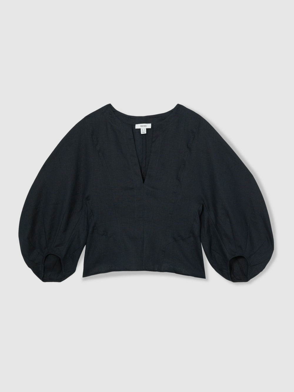 Women Linen Balloon-Sleeve Top in Navy