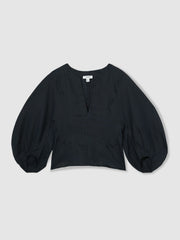 Women Linen Balloon-Sleeve Top in Navy