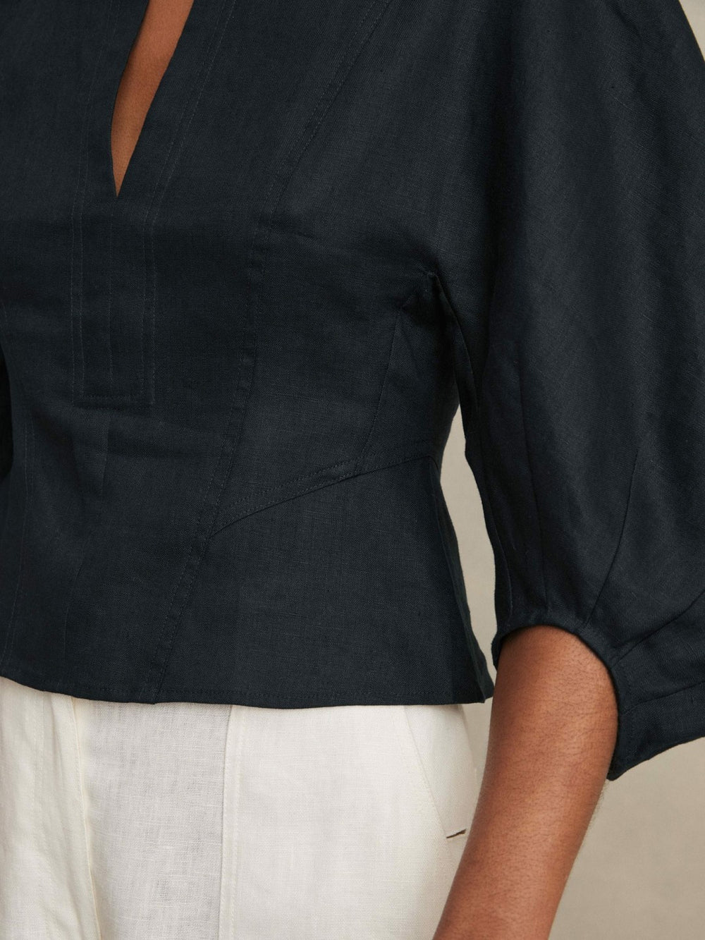 Women Linen Balloon-Sleeve Top in Navy