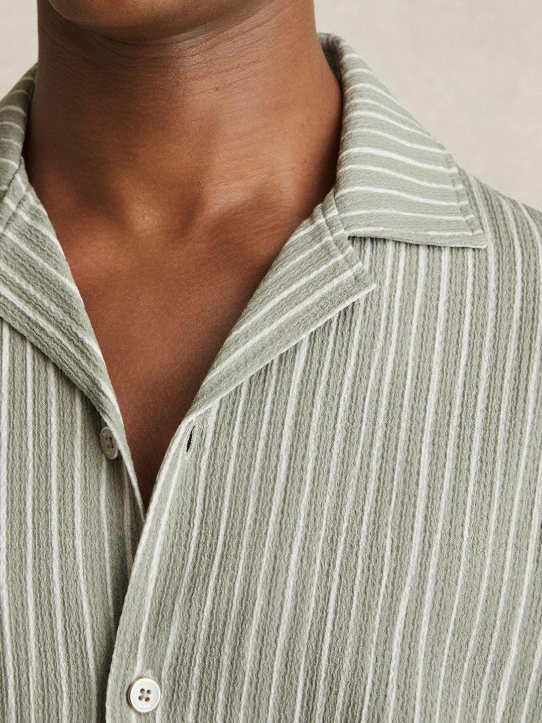 Men Textured Stripe Cuban Collar Shirt in Sage/White