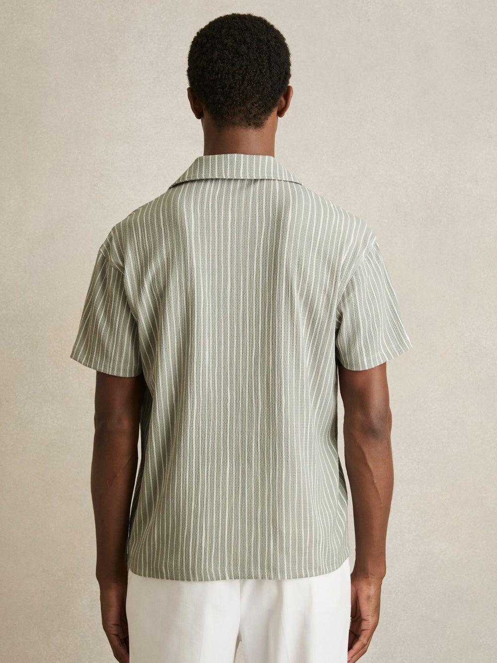 Men Textured Stripe Cuban Collar Shirt in Sage/White