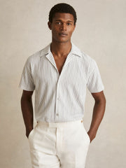 Men Textured Stripe Cuban Collar Shirt in White/Soft Blue