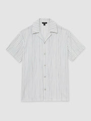 Men Textured Stripe Cuban Collar Shirt in White/Soft Blue