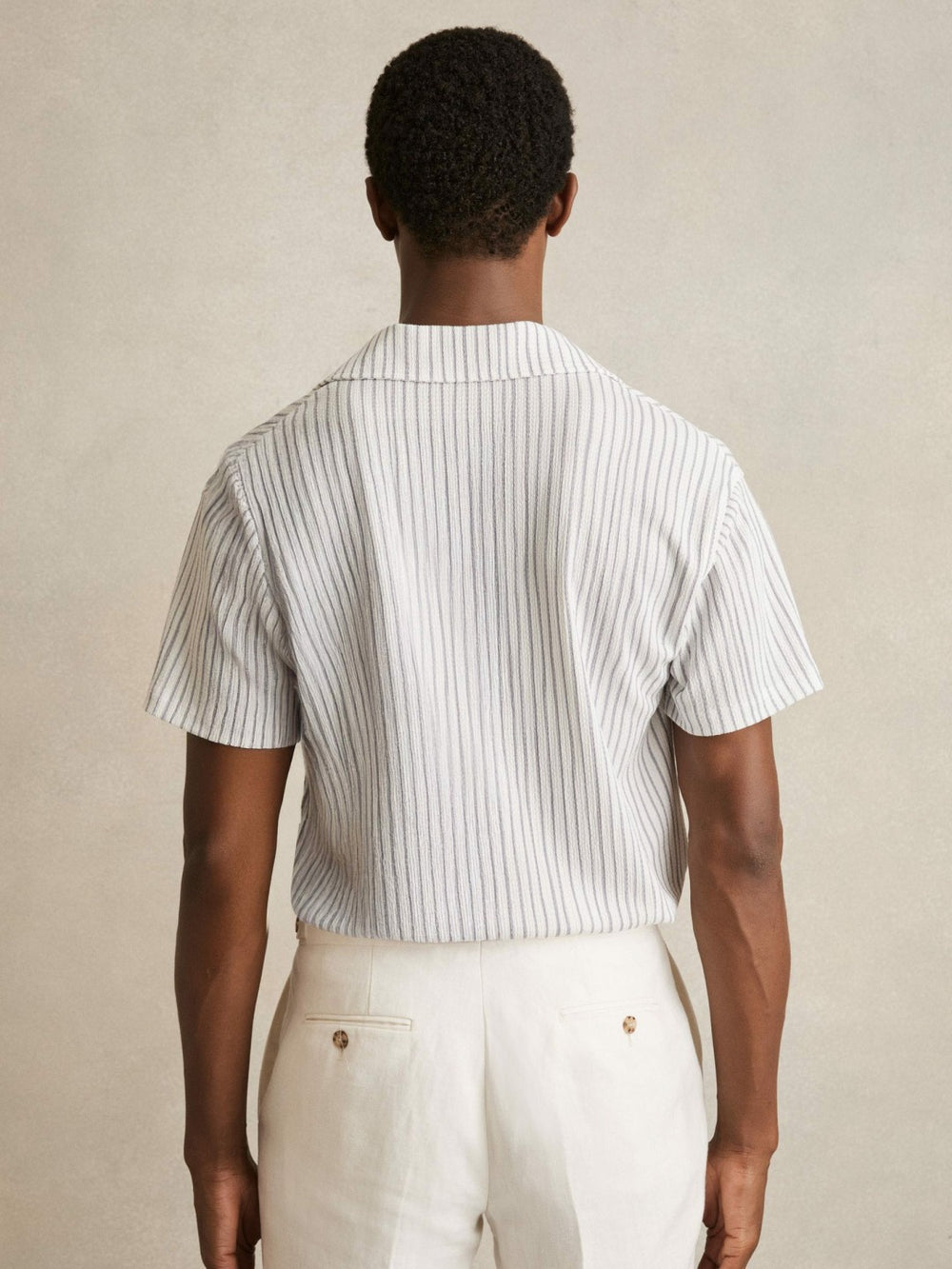 Men Textured Stripe Cuban Collar Shirt in White/Soft Blue