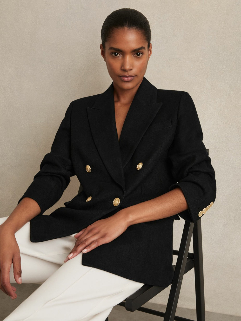 Women Oversized Double-Breasted Blazer Linen-Blend in Black
