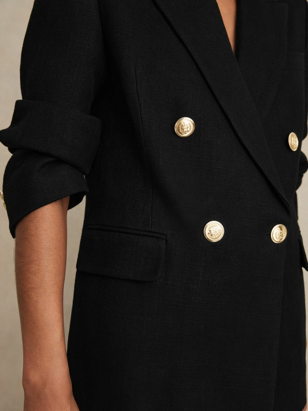 Women Oversized Double-Breasted Blazer Linen-Blend in Black