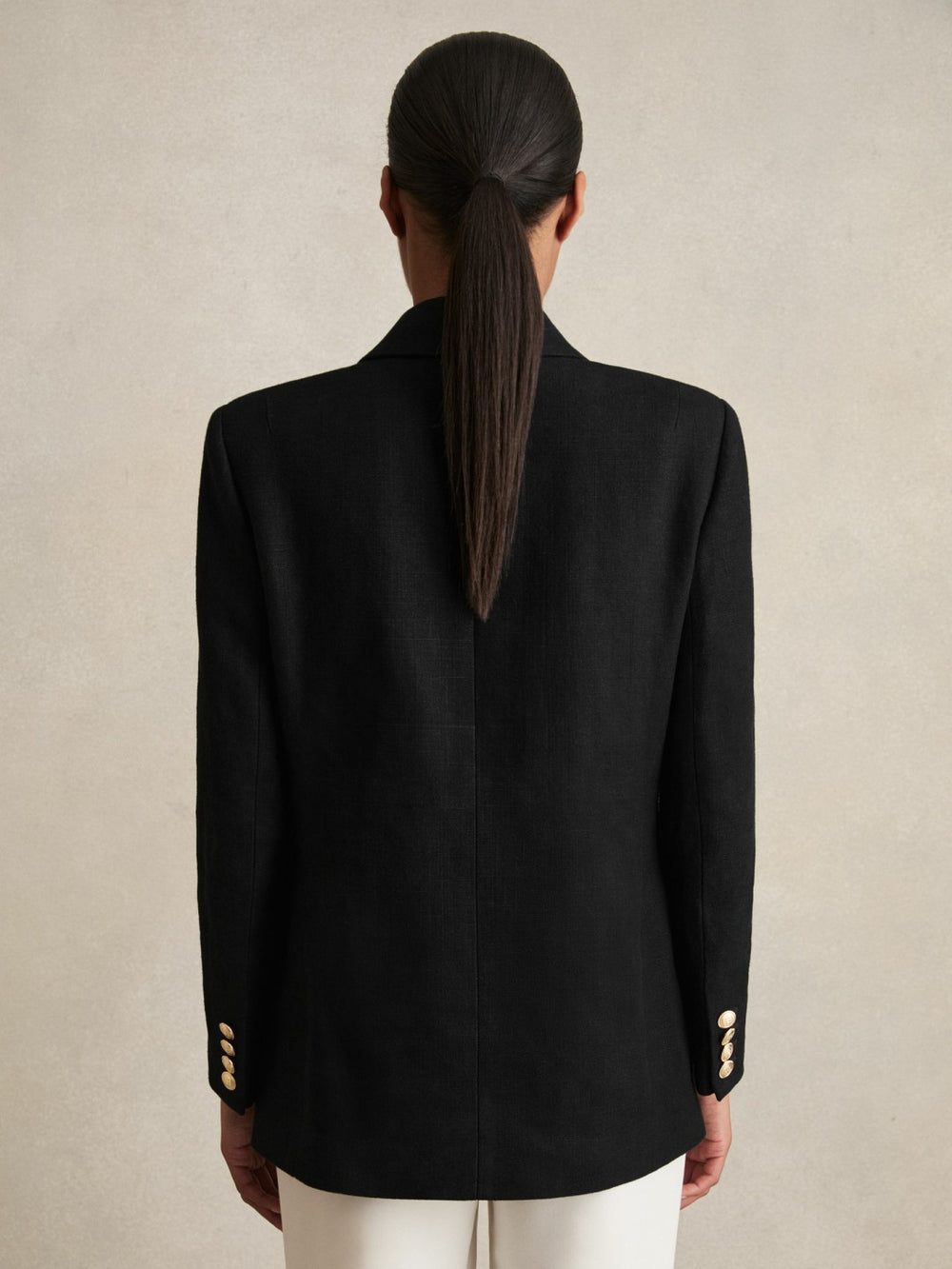 Women Oversized Double-Breasted Blazer Linen-Blend in Black