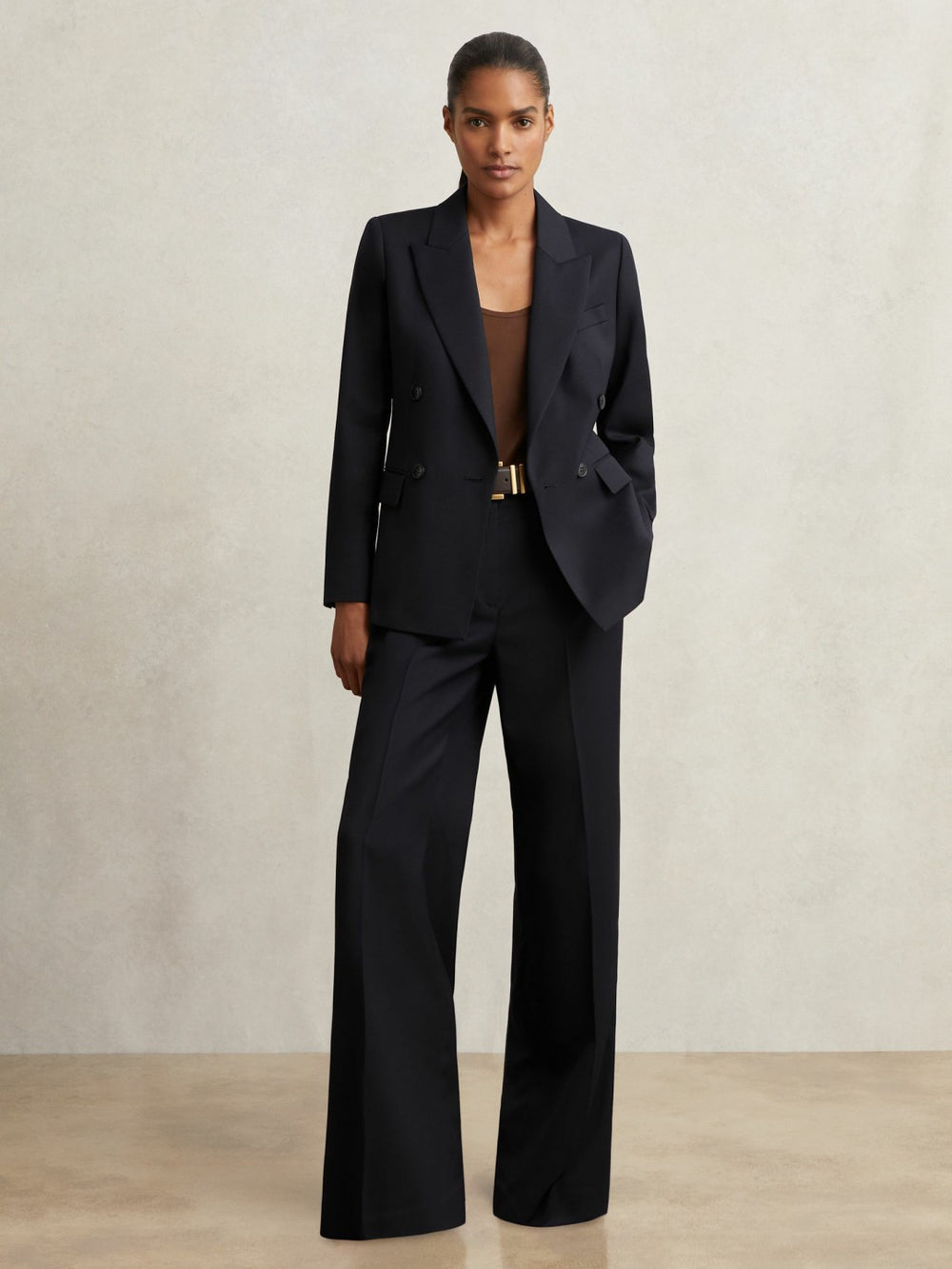 Women Wool Blend Double Breasted Suit Blazer in Navy
