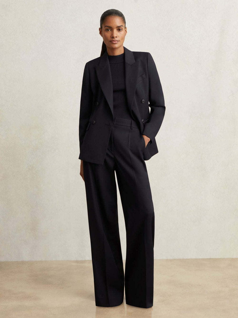 Women Wool Blend Double Breasted Suit Blazer in Navy