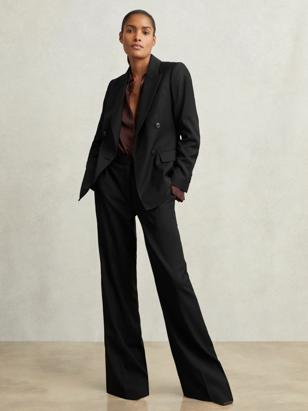 Women Wool-Blend Wide-Leg Suit Trousers in Black