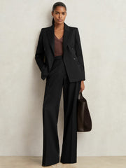 Women Wool Blend Double Breasted Suit Blazer in Black