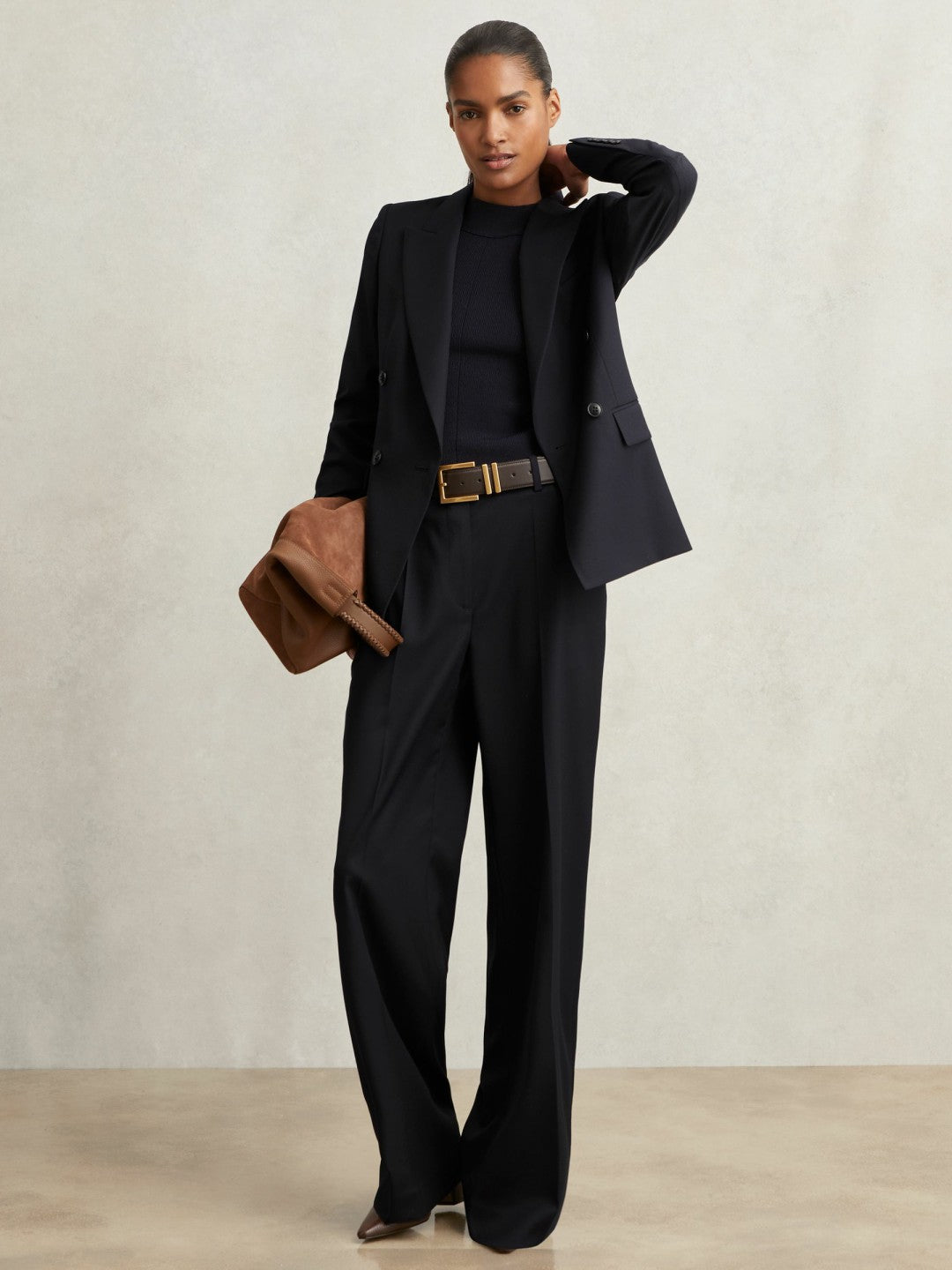 Women Wool-Blend Wide-Leg Suit Trousers in Navy