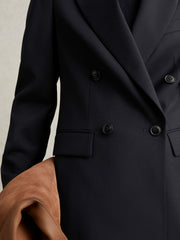 Women Petite Wool Blend Double Breasted Suit Blazer in Navy