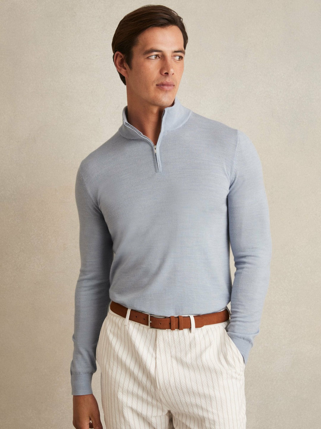 Men Merino Wool Half-Zip Jumper in Soft Blue