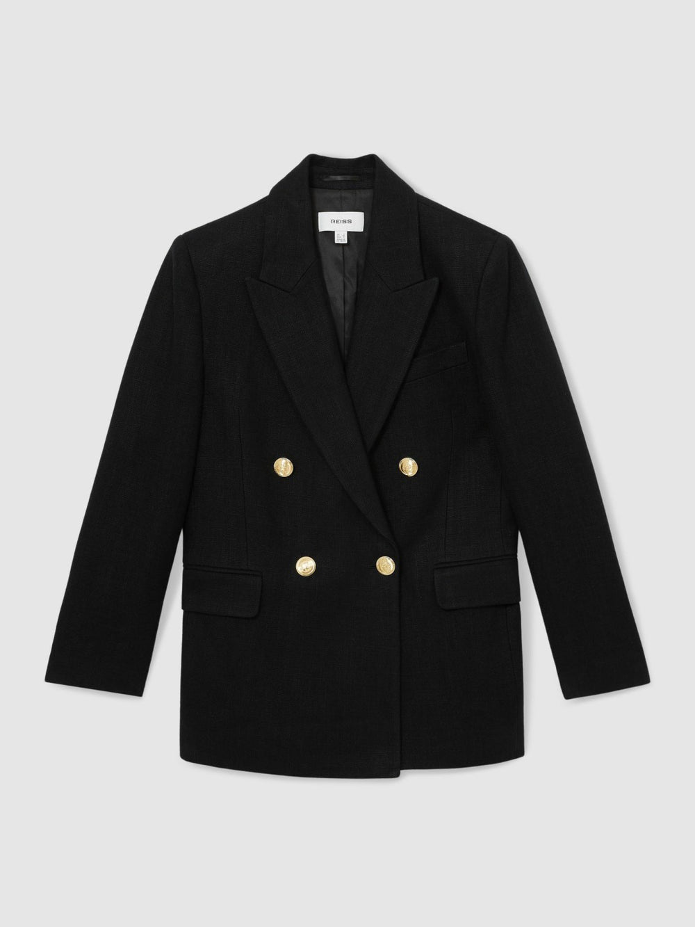 Women Petite Oversized Double-Breasted Blazer Linen-Blend in Black