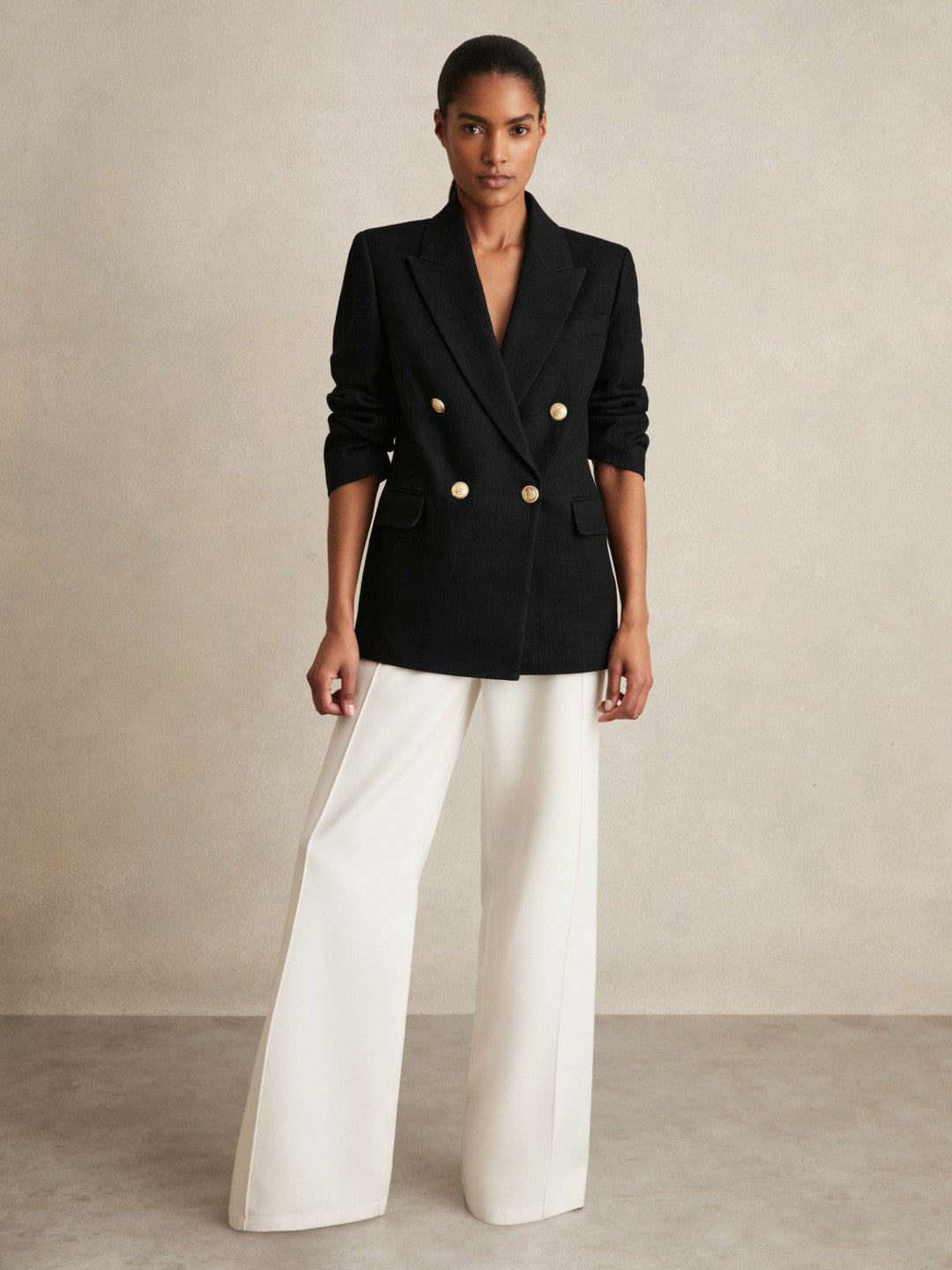 Women Petite Oversized Double-Breasted Blazer Linen-Blend in Black