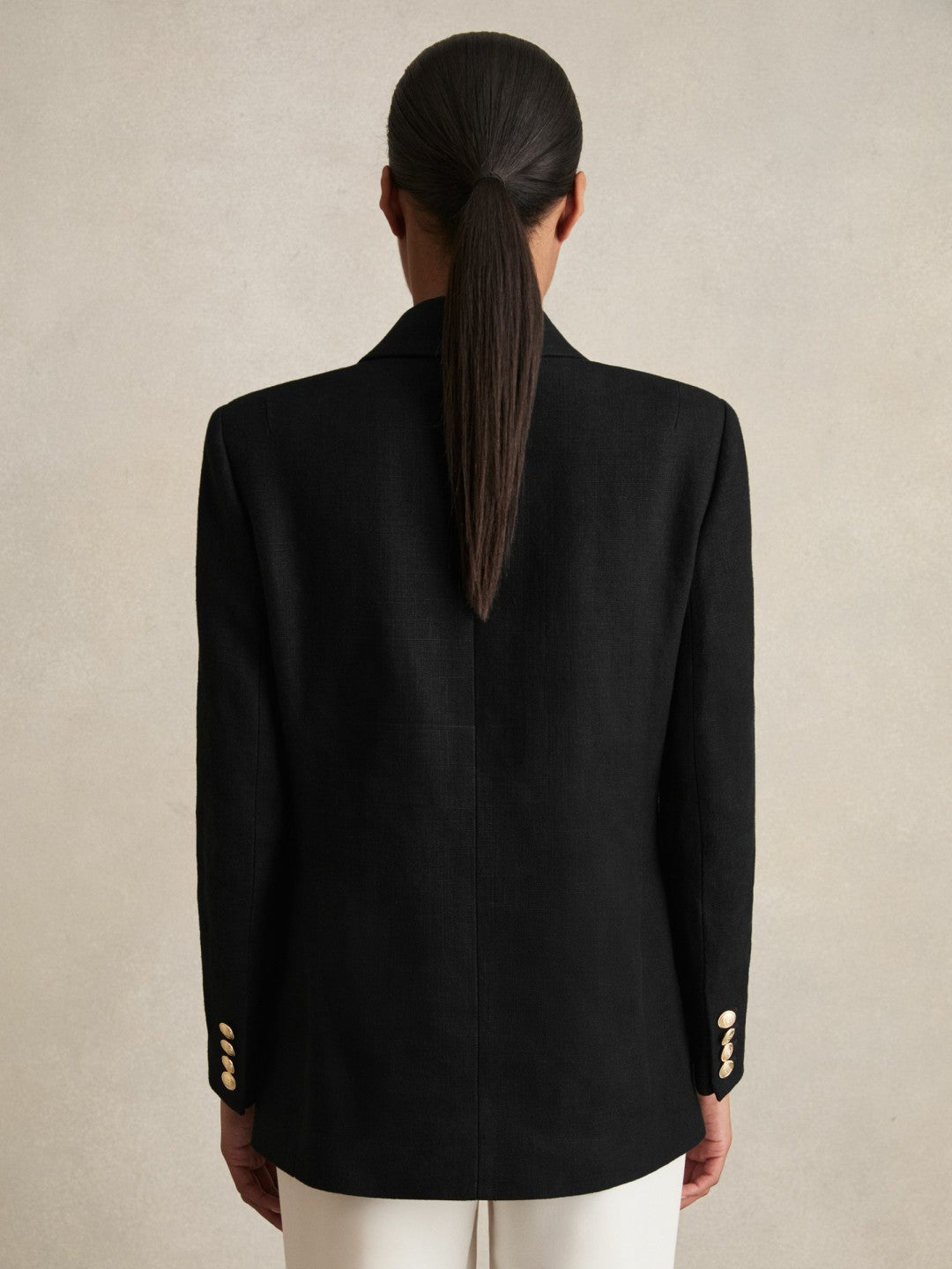 Women Petite Oversized Double-Breasted Blazer Linen-Blend in Black