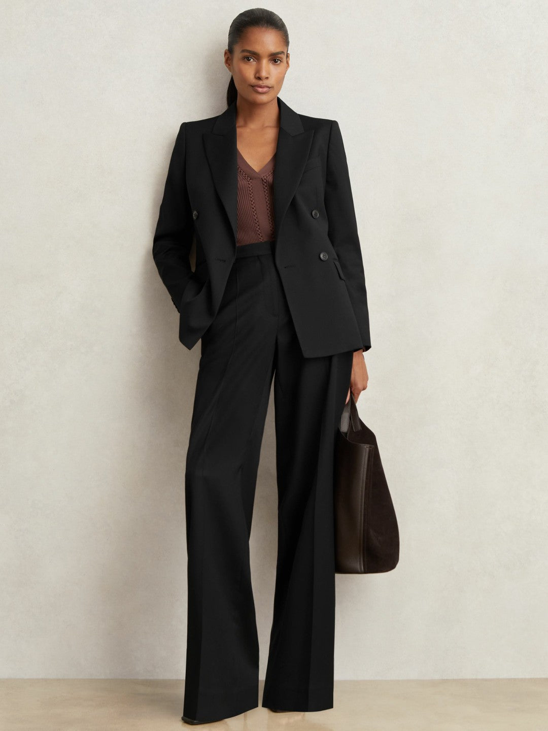 Women Petite Wool Blend Double Breasted Suit Blazer in Black