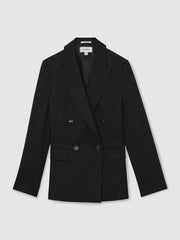 Women Petite Wool Blend Double Breasted Suit Blazer in Black