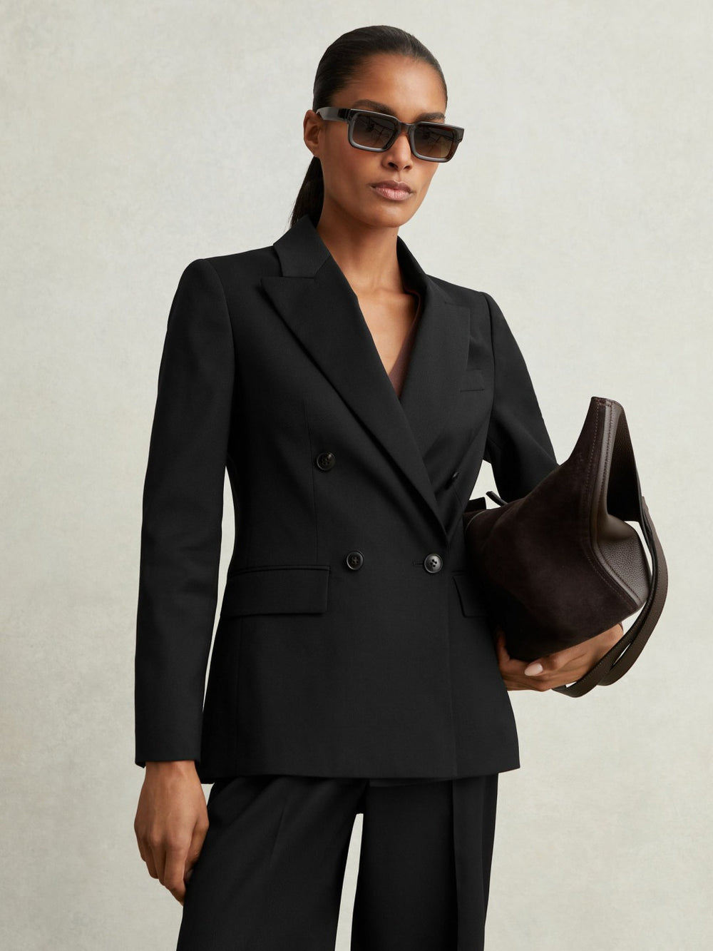 Women Petite Wool Blend Double Breasted Suit Blazer in Black