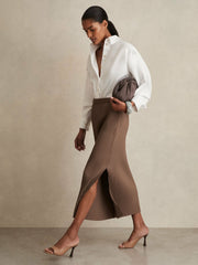 Women Pleated Jersey Midi Skirt in Chocolate
