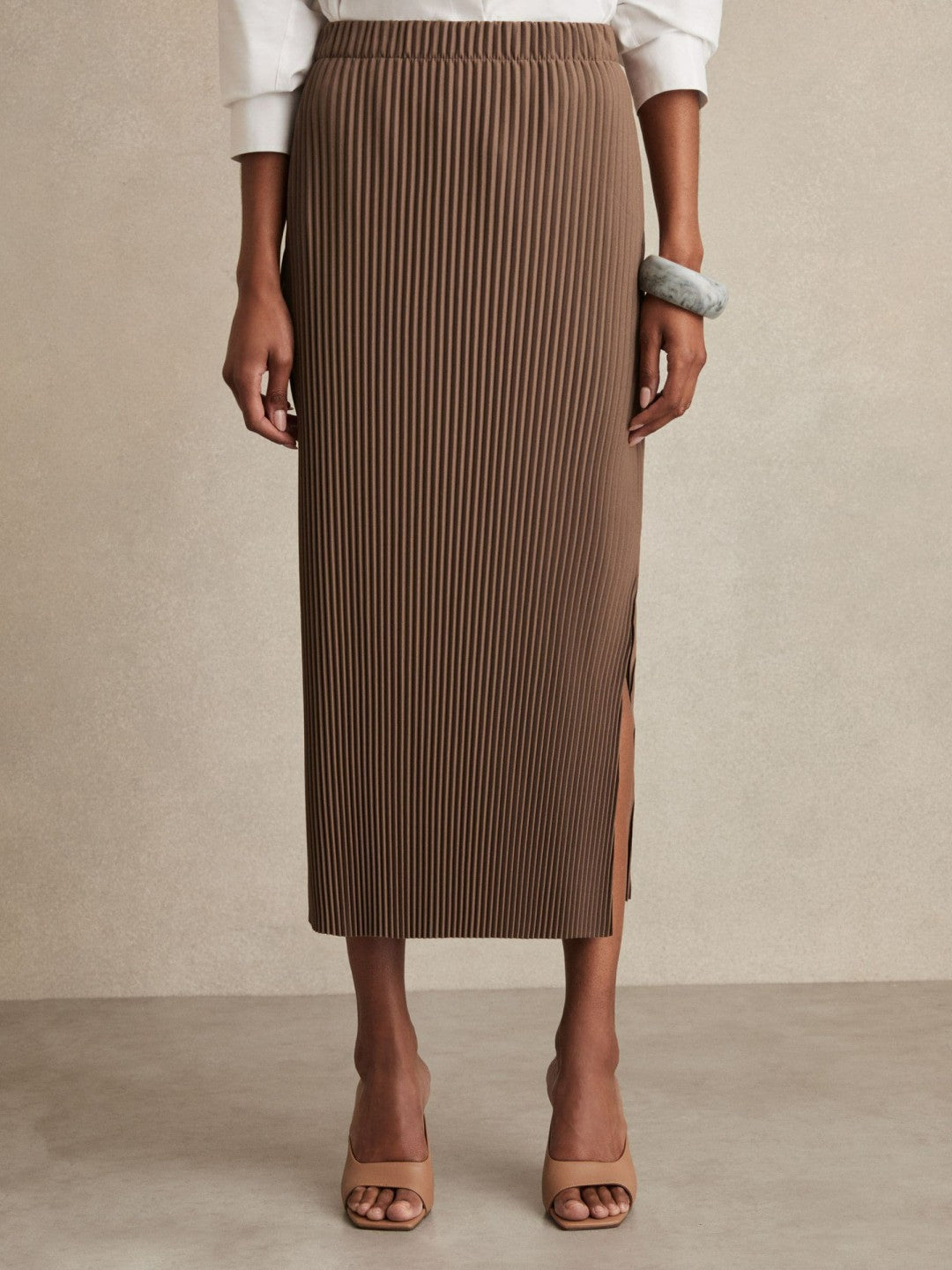 Women Pleated Jersey Midi Skirt in Chocolate
