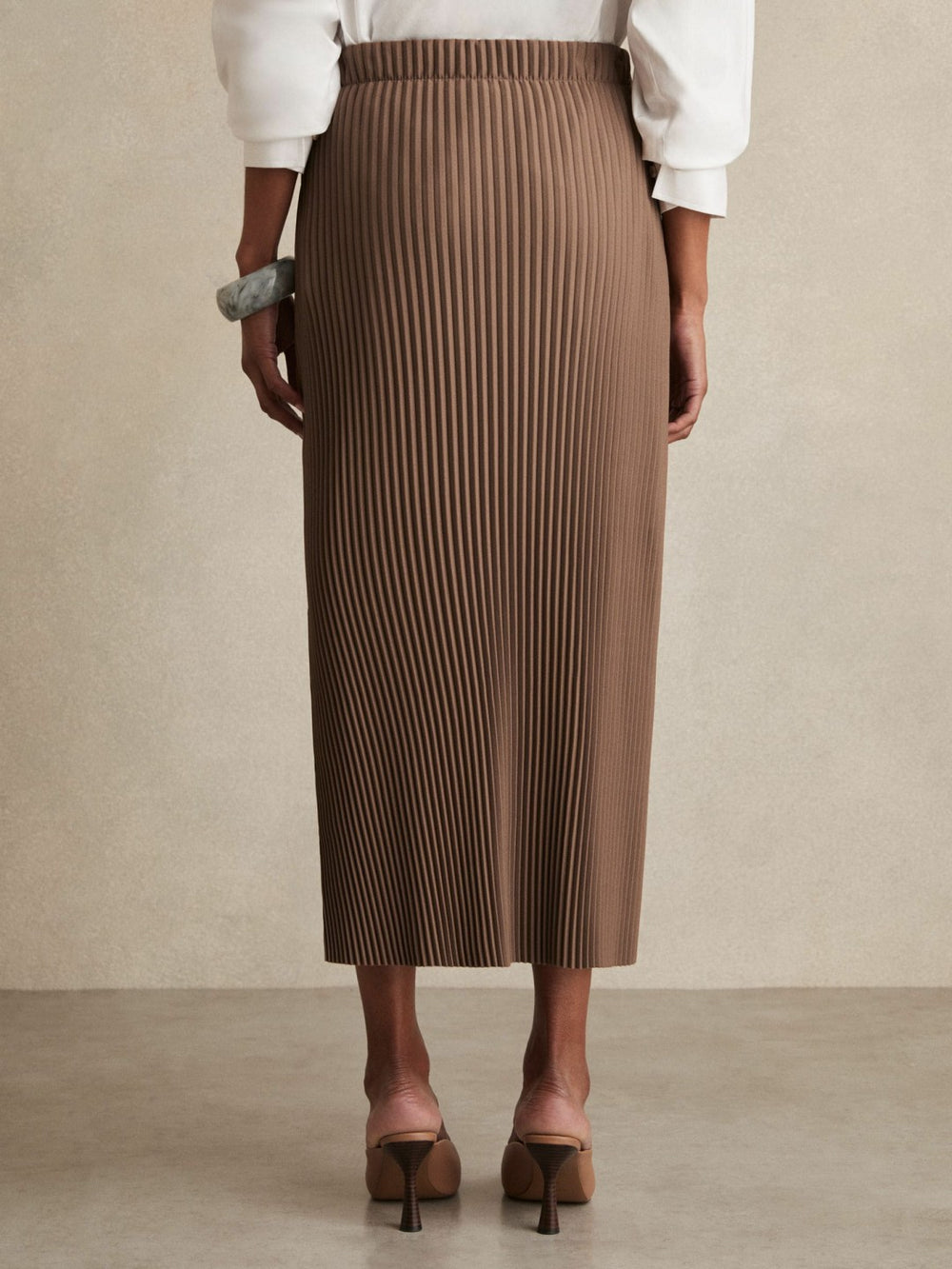 Women Pleated Jersey Midi Skirt in Chocolate