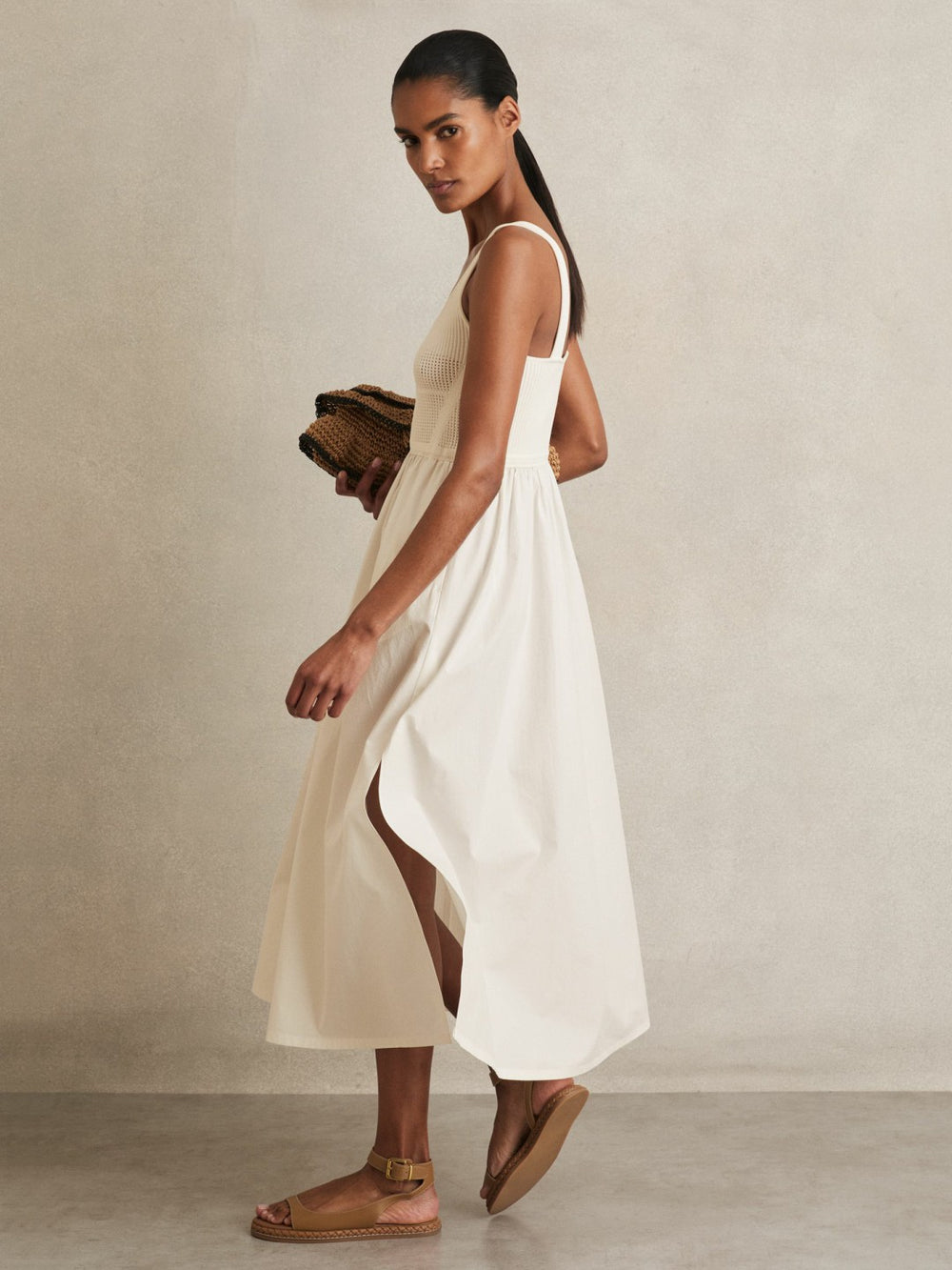 Women Perforated-Knit Cotton-Skirt Midi Dress in Ivory