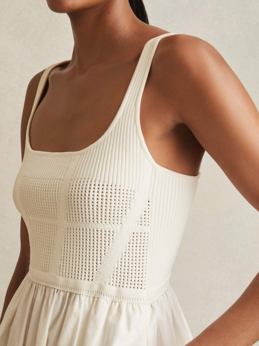 Women Perforated-Knit Cotton-Skirt Midi Dress in Ivory