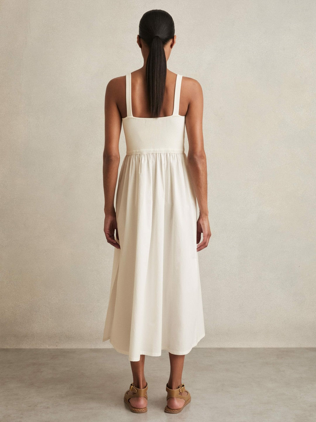 Women Perforated-Knit Cotton-Skirt Midi Dress in Ivory