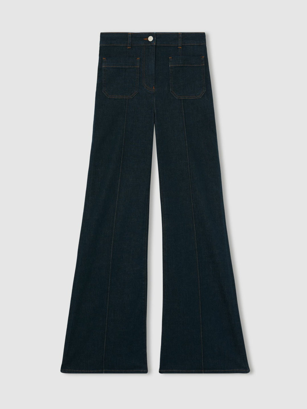 Women Petite Patch-Pocket Flared Jeans in Dark Blue