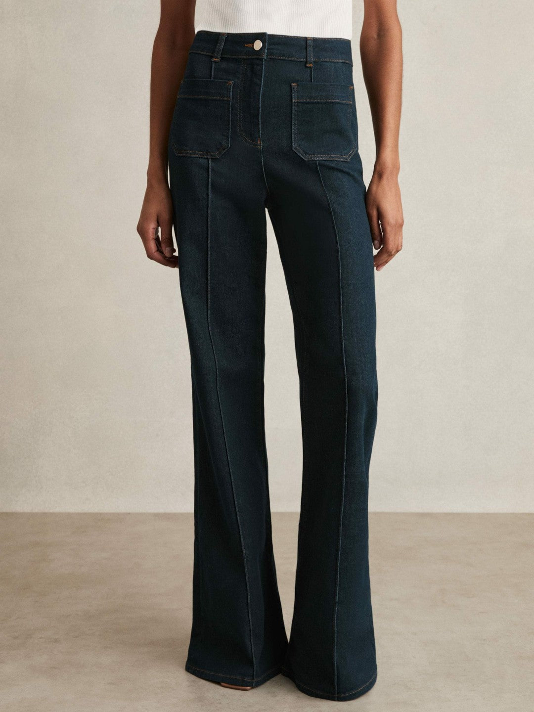 Women Petite Patch-Pocket Flared Jeans in Dark Blue