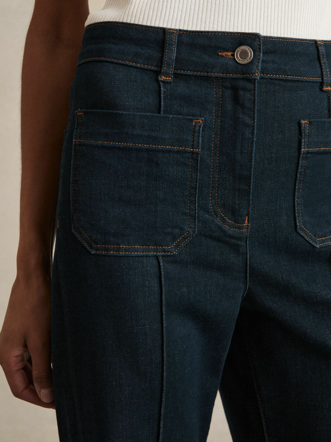 Women Petite Patch-Pocket Flared Jeans in Dark Blue