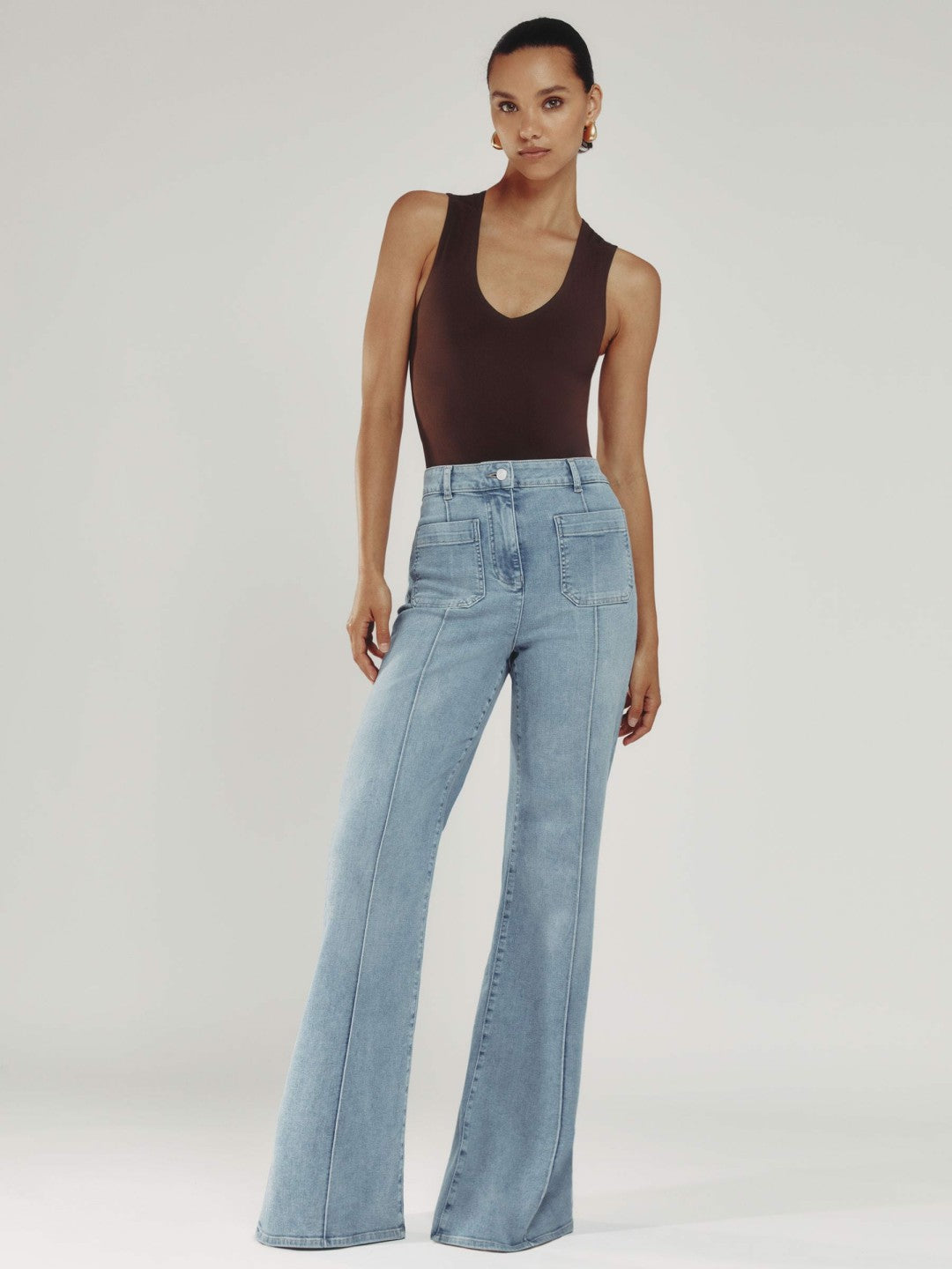 Women Petite Patch-Pocket Flared Jeans in Light Blue