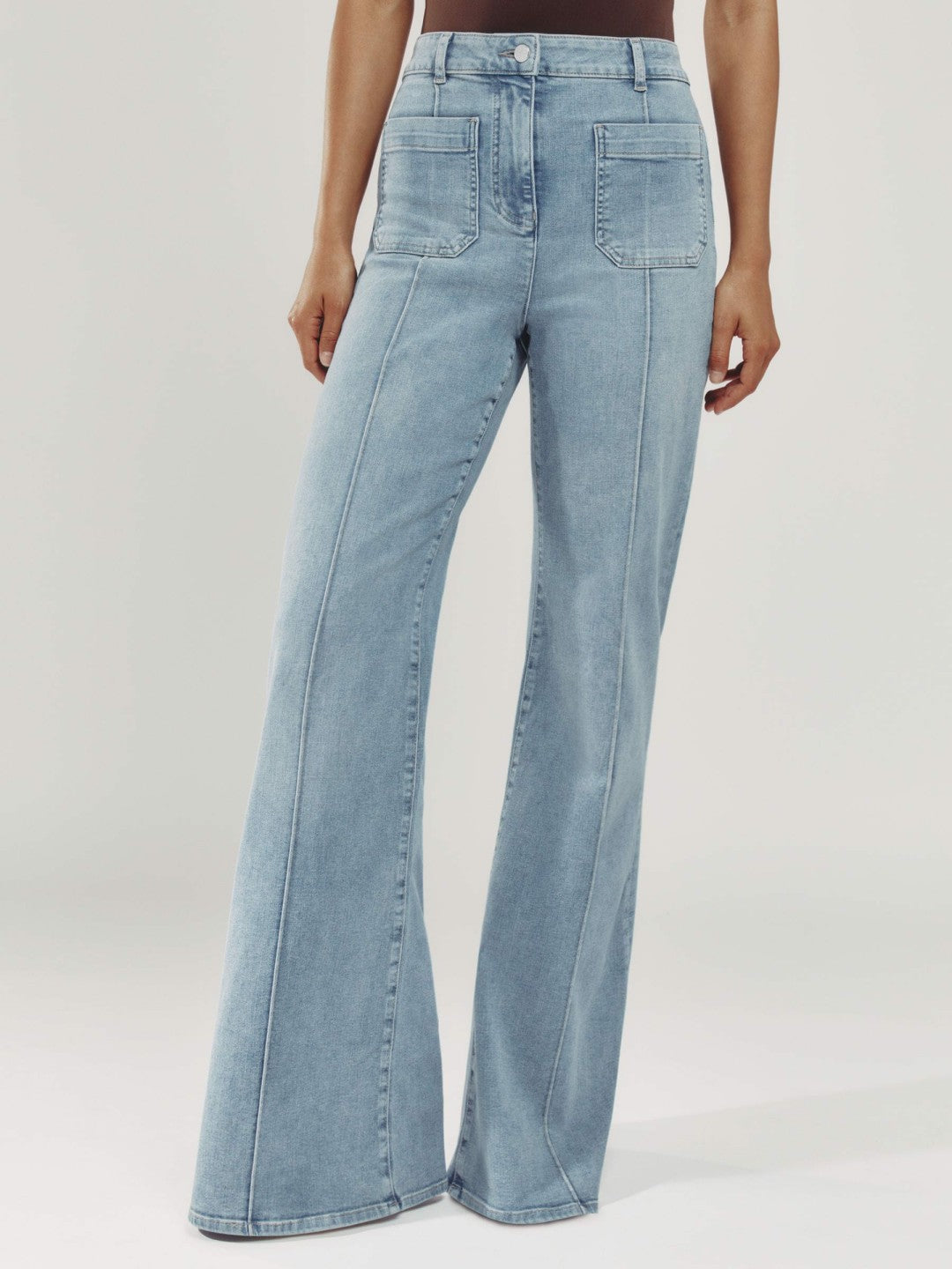 Women Petite Patch-Pocket Flared Jeans in Light Blue