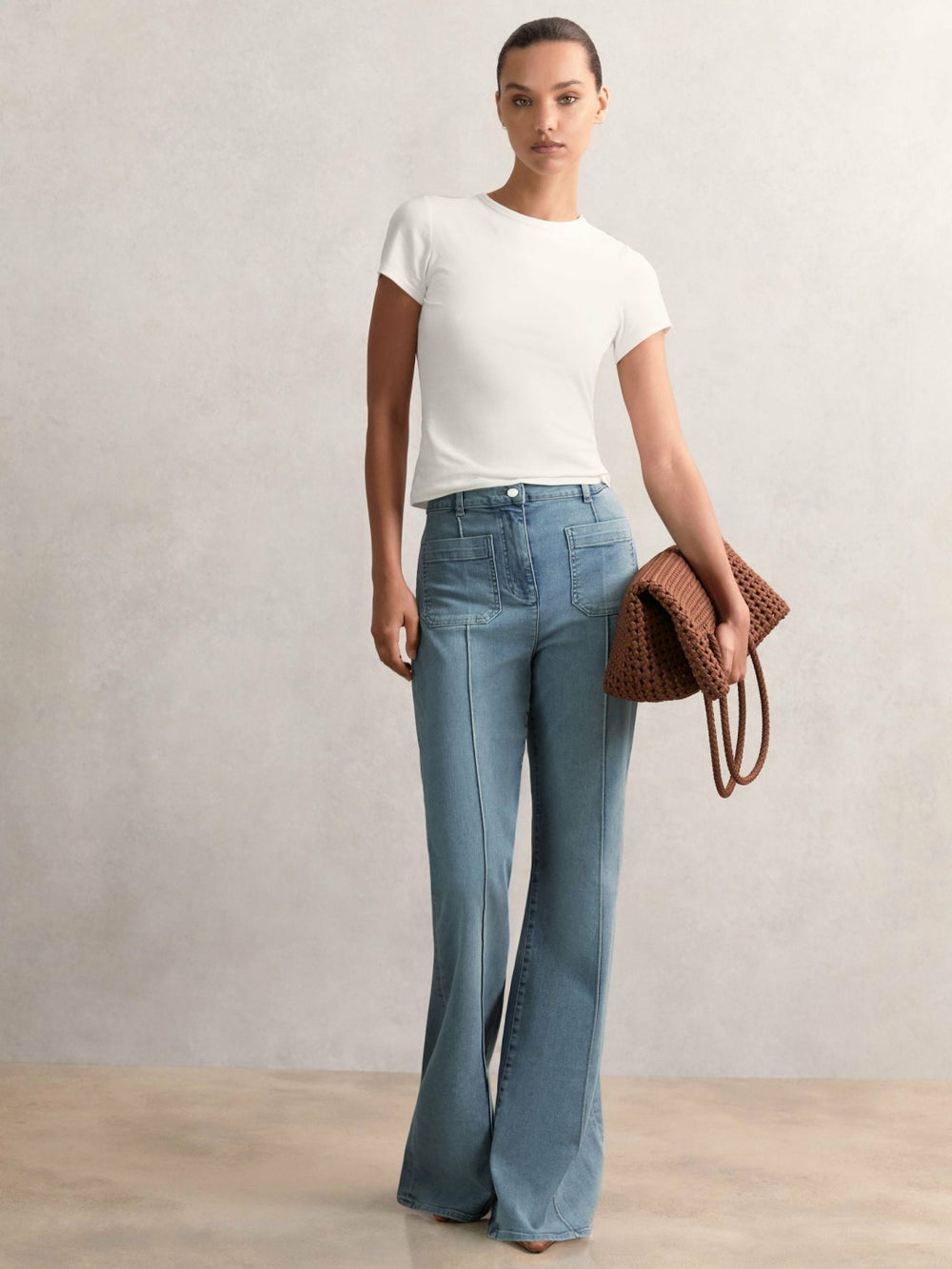 Women Petite Patch-Pocket Flared Jeans in Light Blue