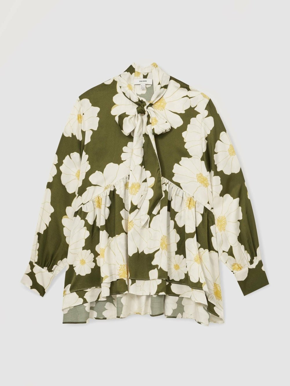 Women Floral Tie-Neck Swing Blouse in Ivory/Green