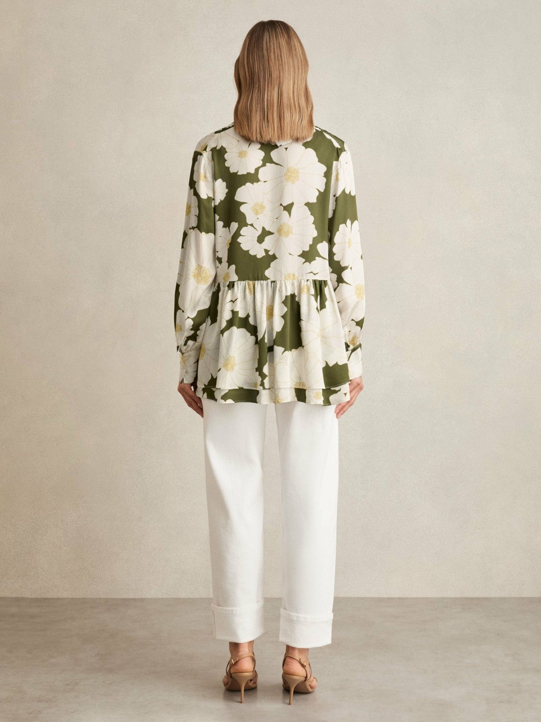 Women Floral Tie-Neck Swing Blouse in Ivory/Green