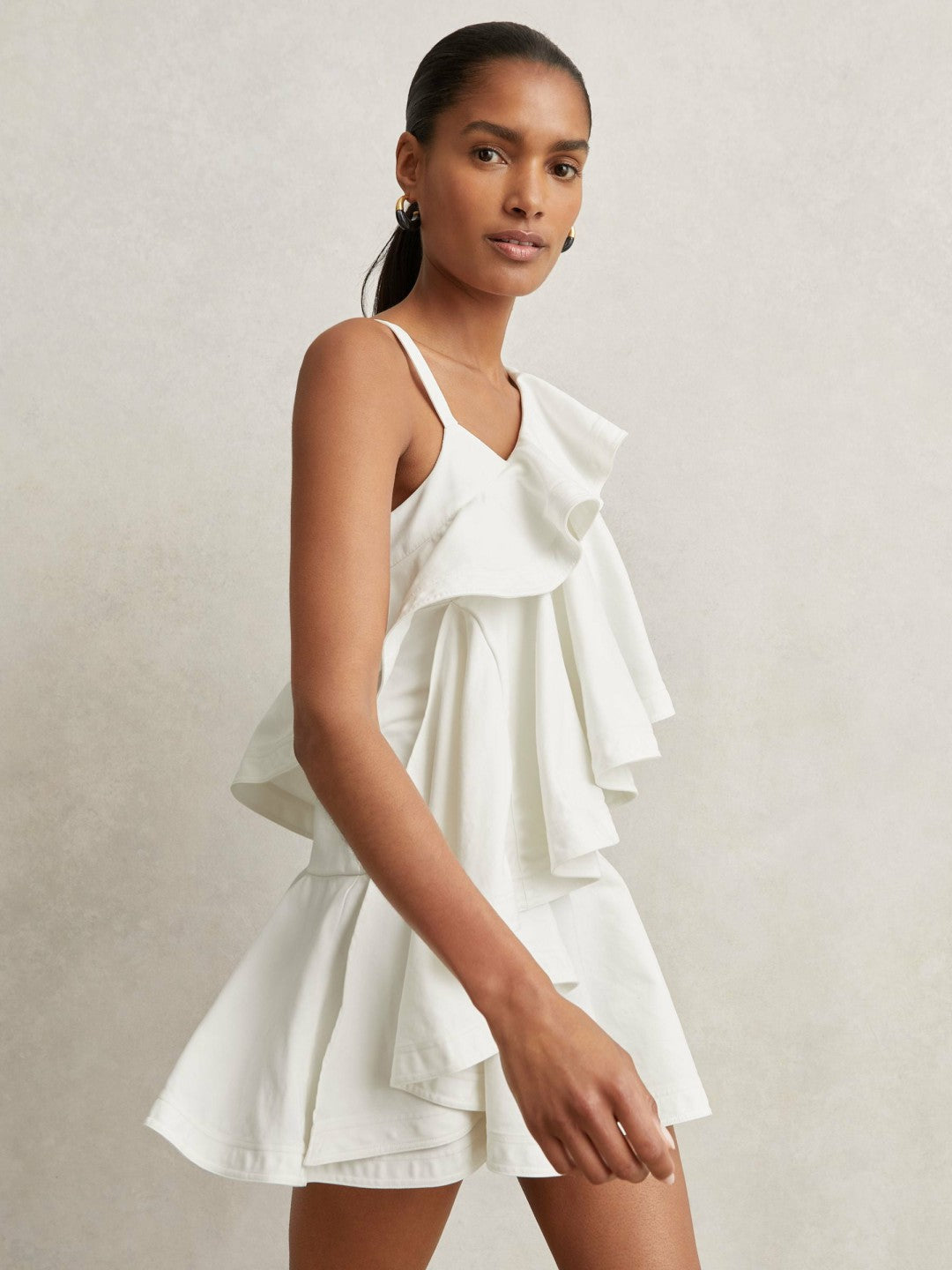 Women Cotton Tiered Ruffle Mini Dress in Ivory