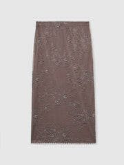 Women Lace Pencil Skirt in Taupe Brown