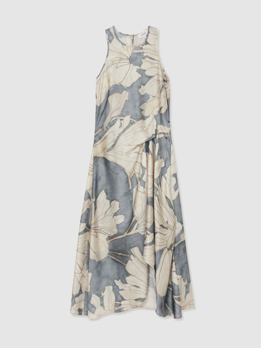 Women Satin Floral Drape Midi Dress in Blue