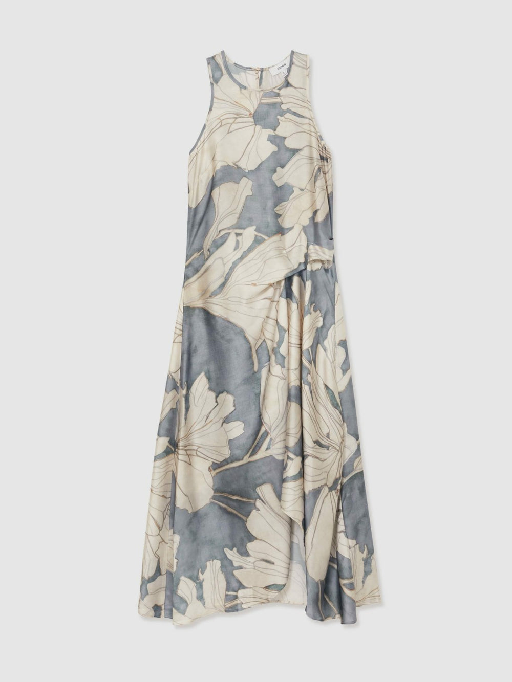 Women Satin Floral Drape Midi Dress in Blue